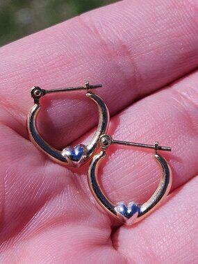 10K Yellow Gold Small U Hoop White Gold Heart Earrings 14x14mm
